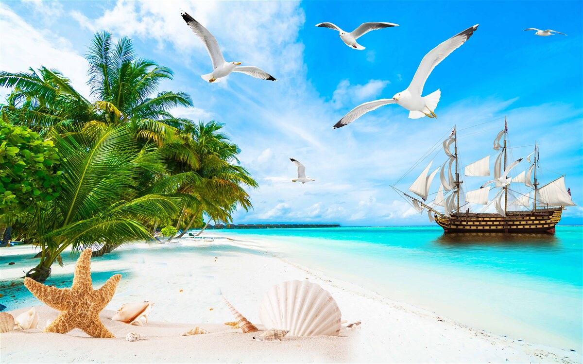 Fototapeten Das Schiff ist vor der Küste festgemacht