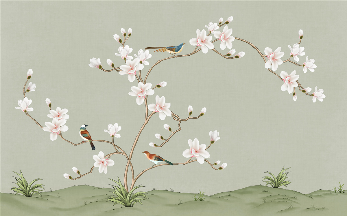 Fototapeten Eleganter Baum mit Blumen und von Vögeln umgeben
