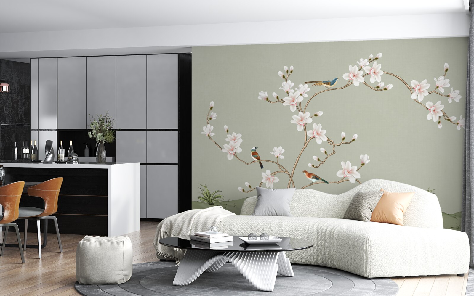 Fototapeten Eleganter Baum mit Blumen und von Vögeln umgeben