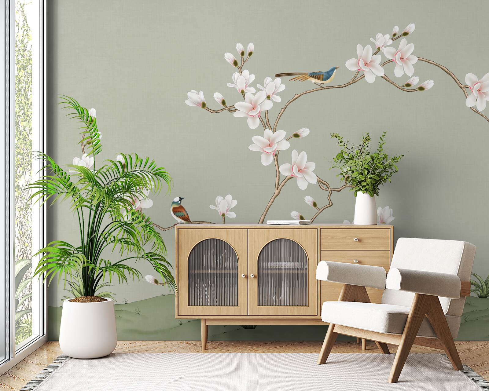 Fototapeten Eleganter Baum mit Blumen und von Vögeln umgeben