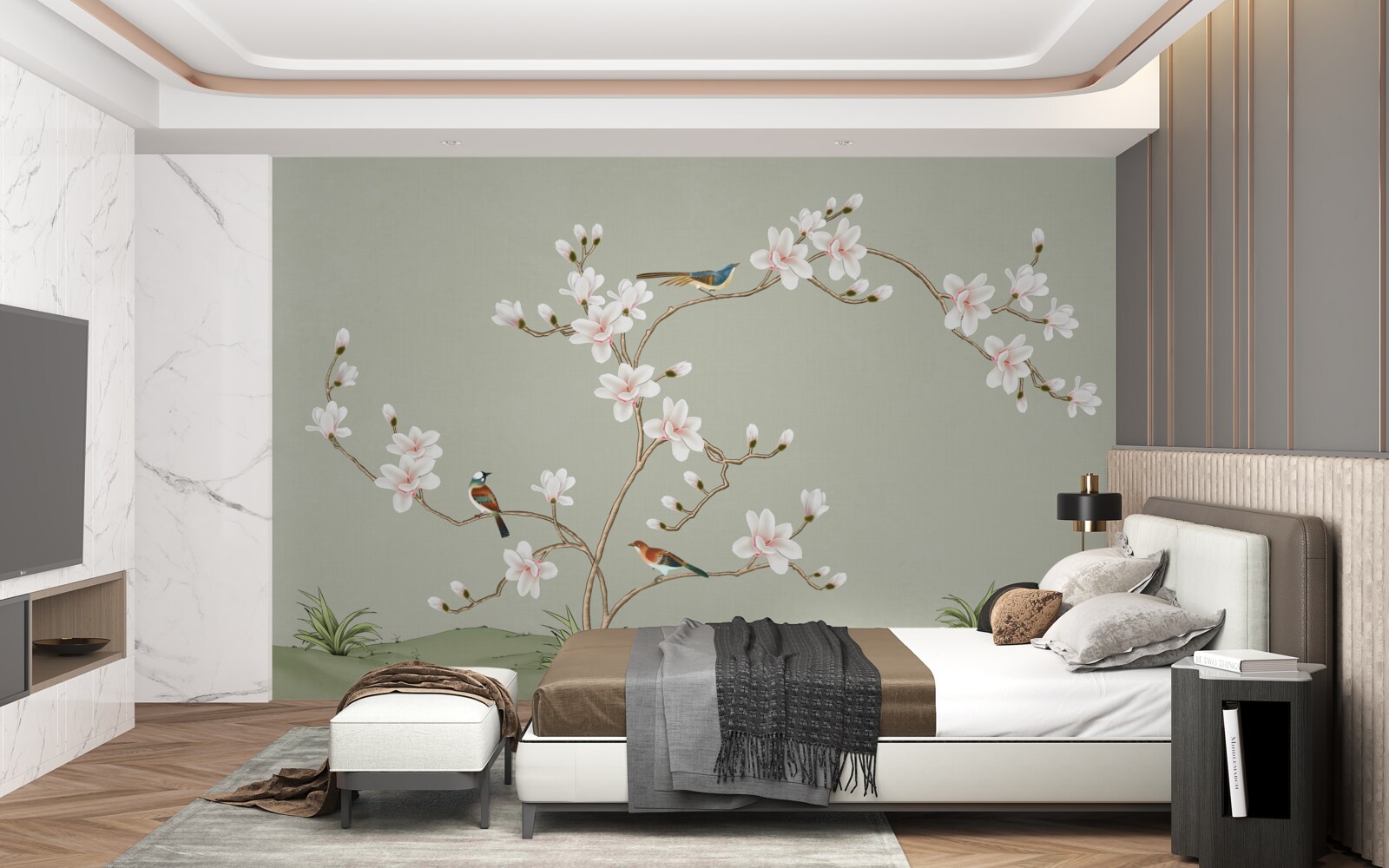 Fototapeten Eleganter Baum mit Blumen und von Vögeln umgeben