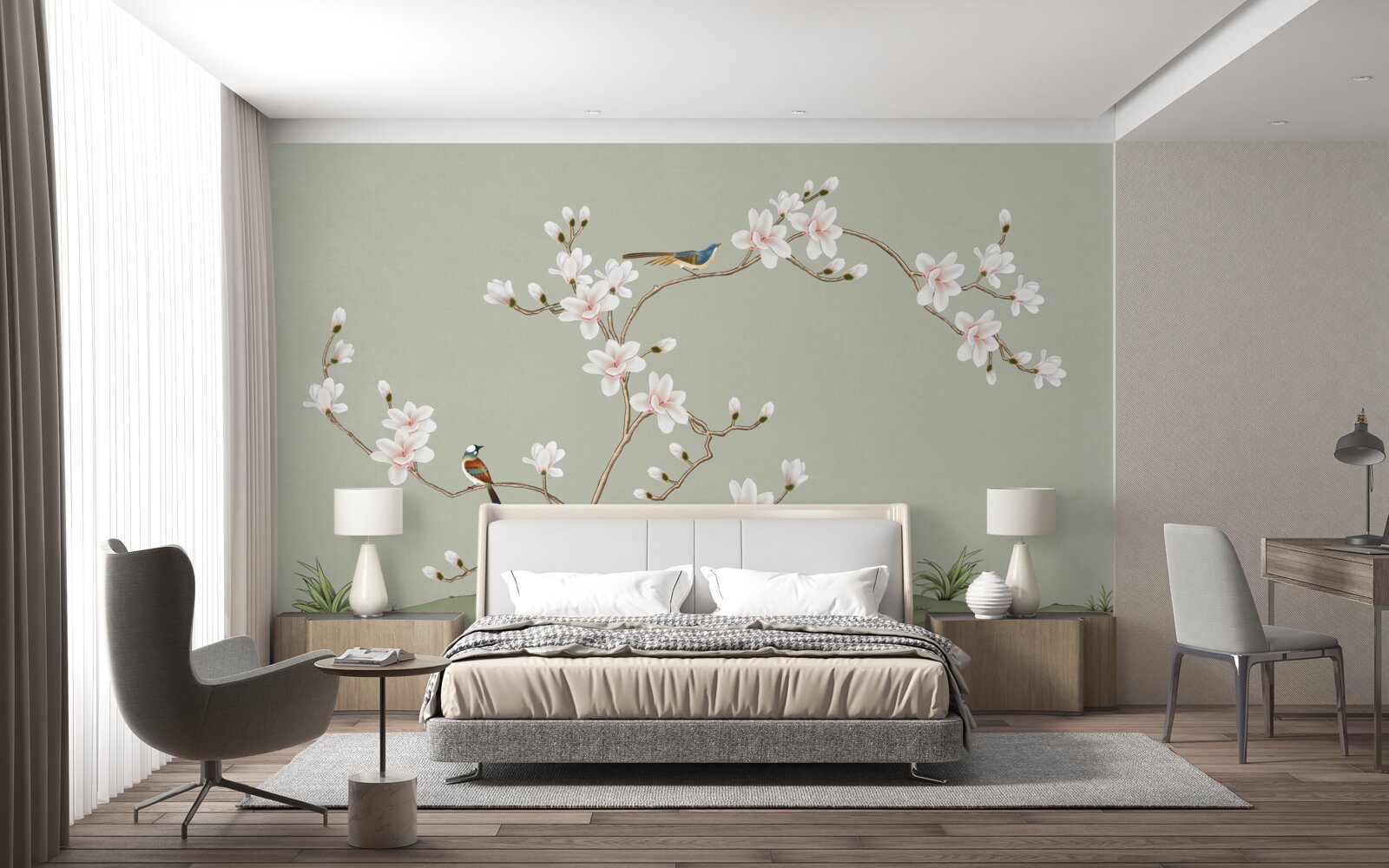 Fototapeten Eleganter Baum mit Blumen und von Vögeln umgeben