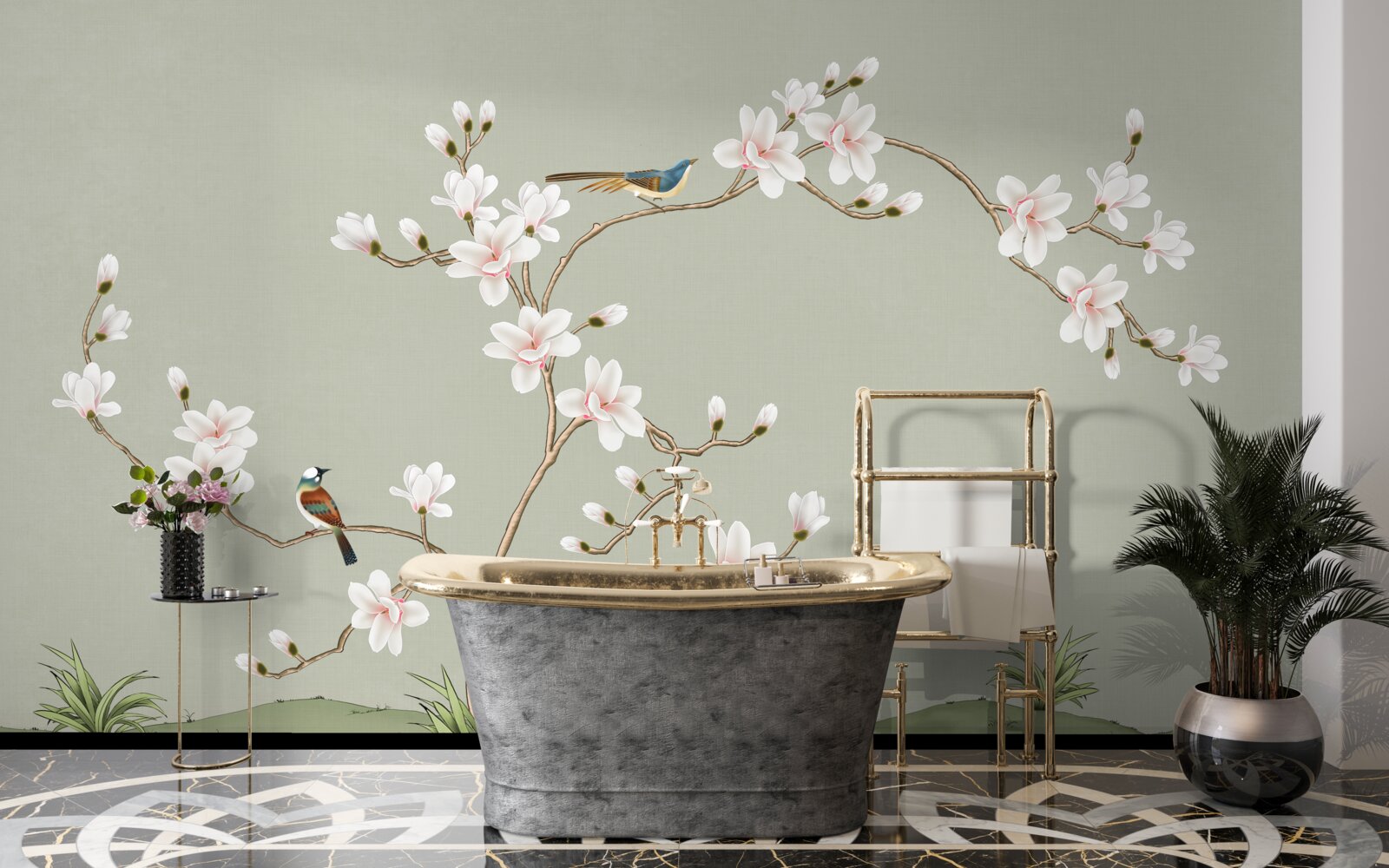 Fototapeten Eleganter Baum mit Blumen und von Vögeln umgeben