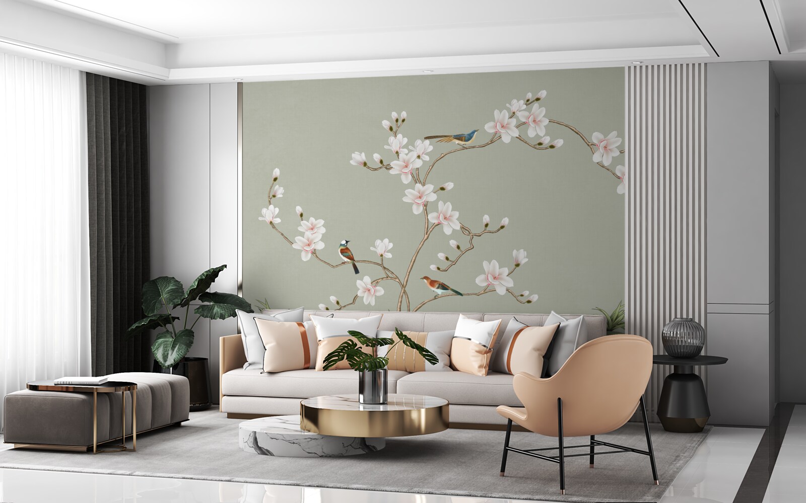 Fototapeten Eleganter Baum mit Blumen und von Vögeln umgeben