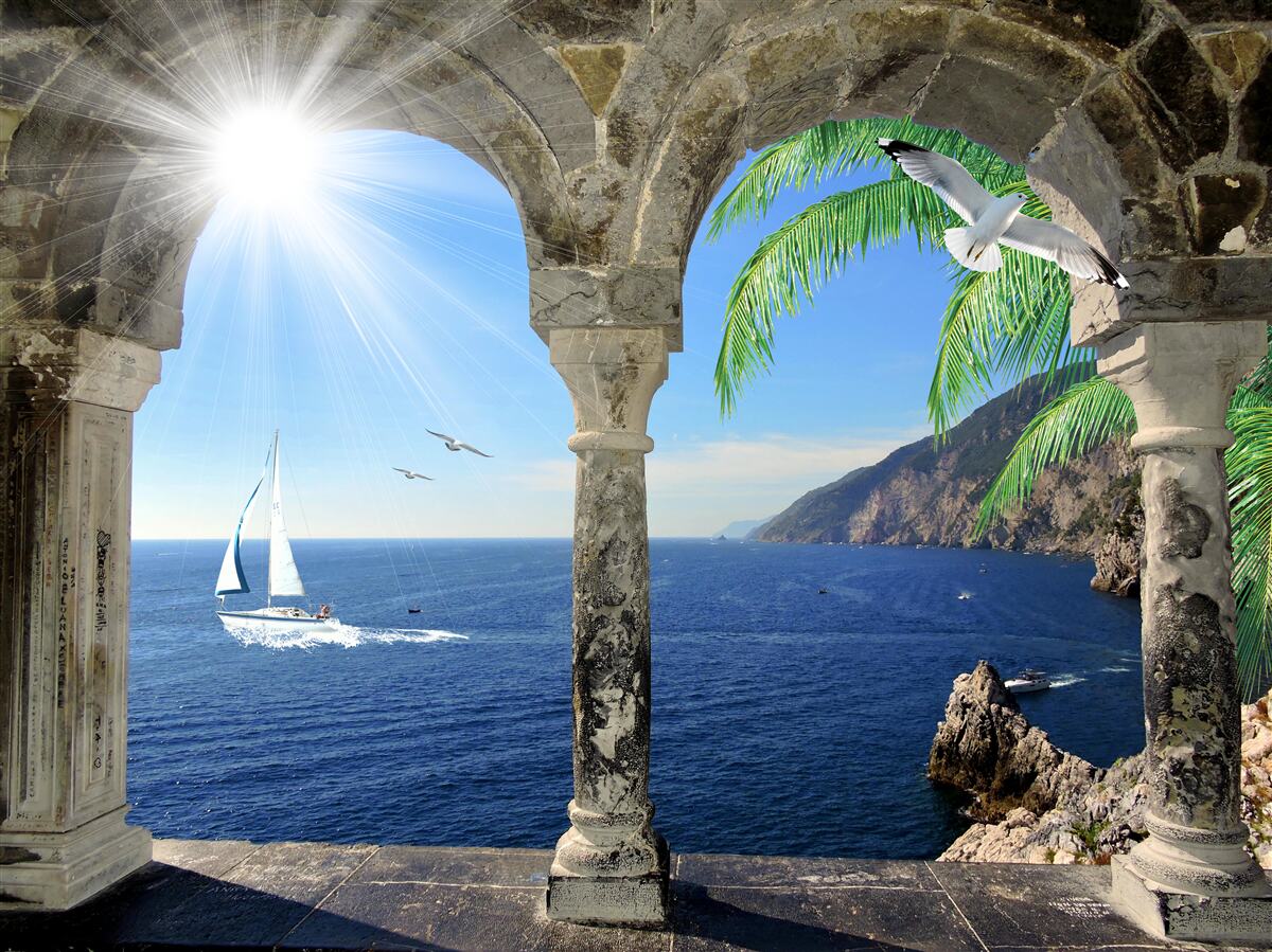 Fototapeten ein alter Bogen mit Blick auf das Meer