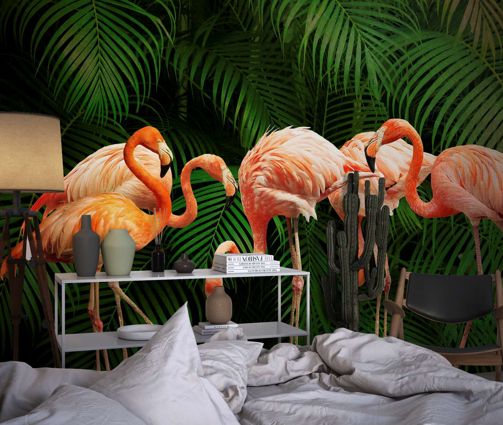 Fototapeten Rosa Flamingos im Wald mit grünen Bäumen