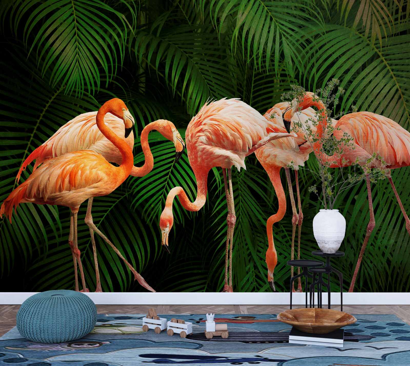 Fototapeten Rosa Flamingos im Wald mit grünen Bäumen