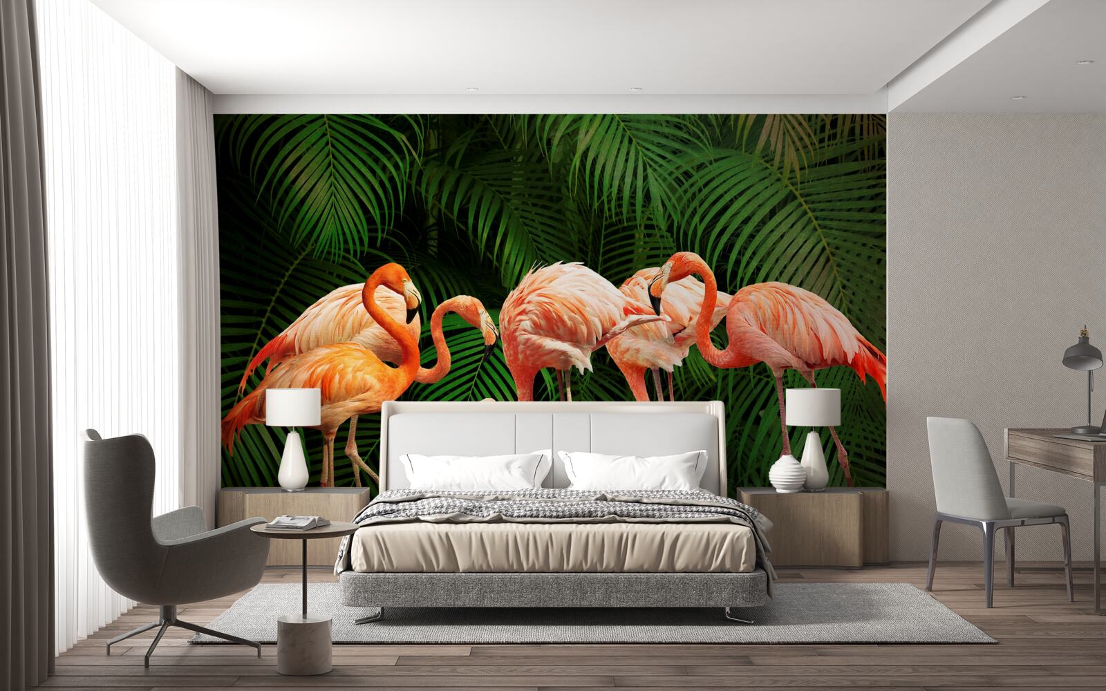 Fototapeten Rosa Flamingos im Wald mit grünen Bäumen
