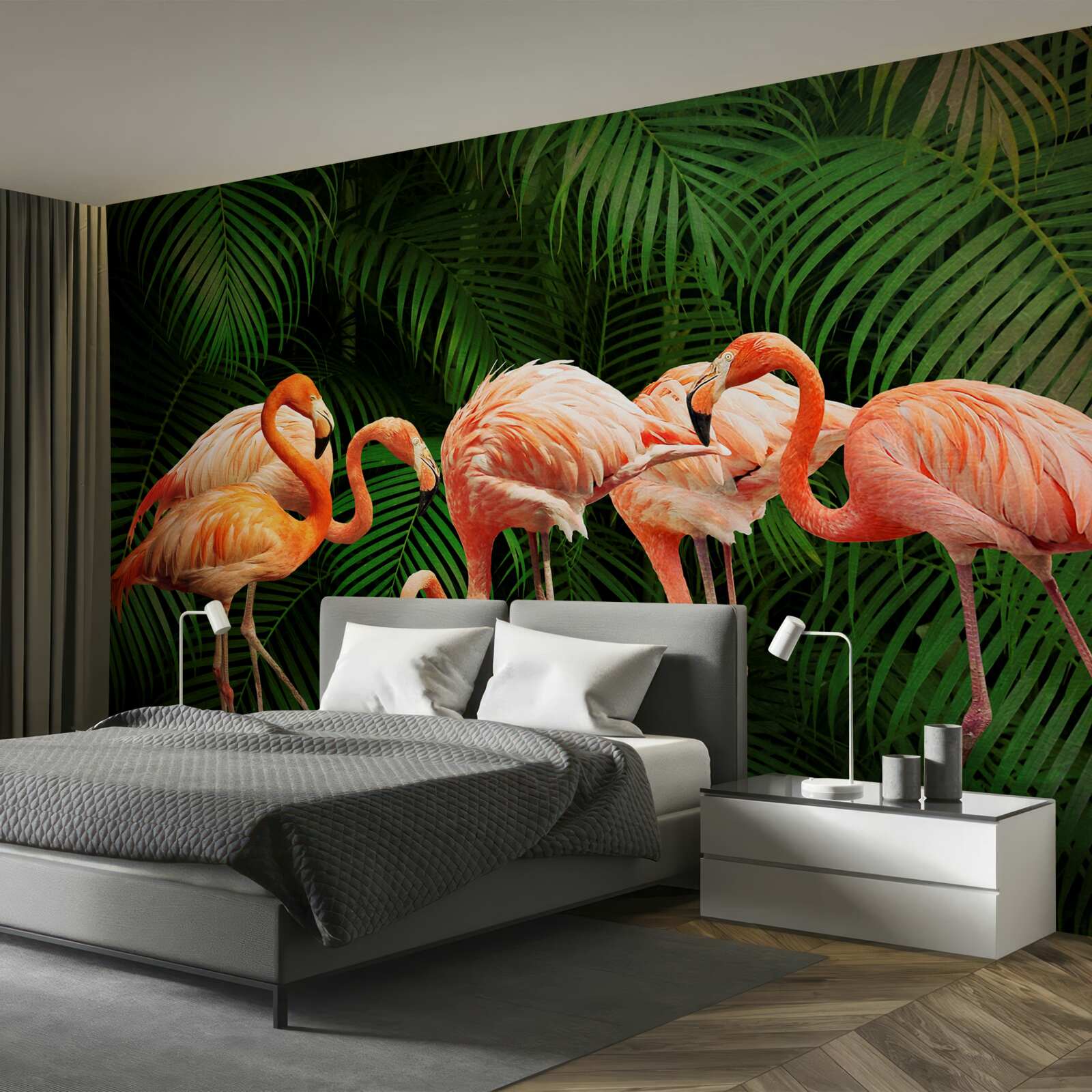 Fototapeten Rosa Flamingos im Wald mit grünen Bäumen