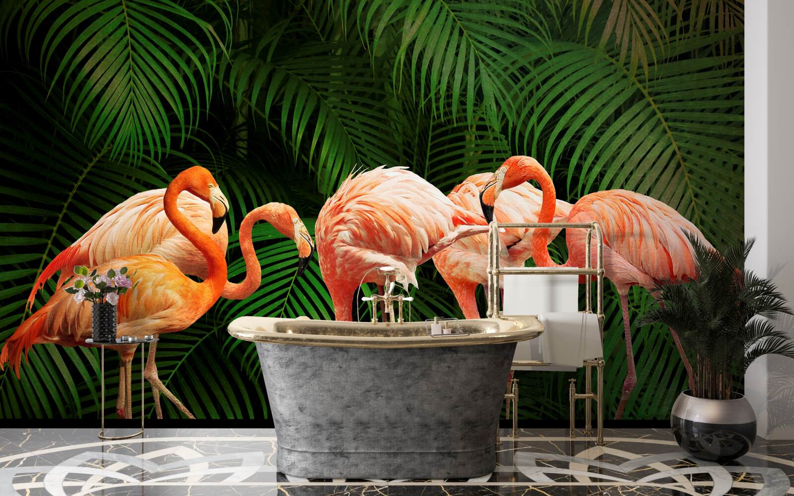 Fototapeten Rosa Flamingos im Wald mit grünen Bäumen