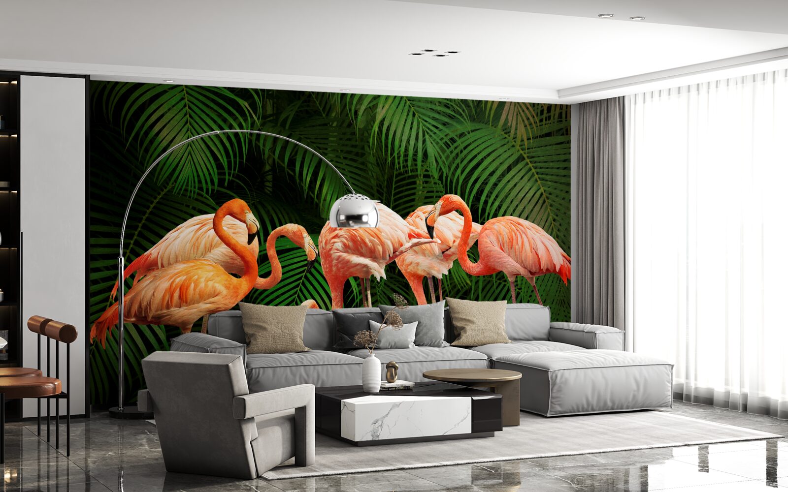 Fototapeten Rosa Flamingos im Wald mit grünen Bäumen