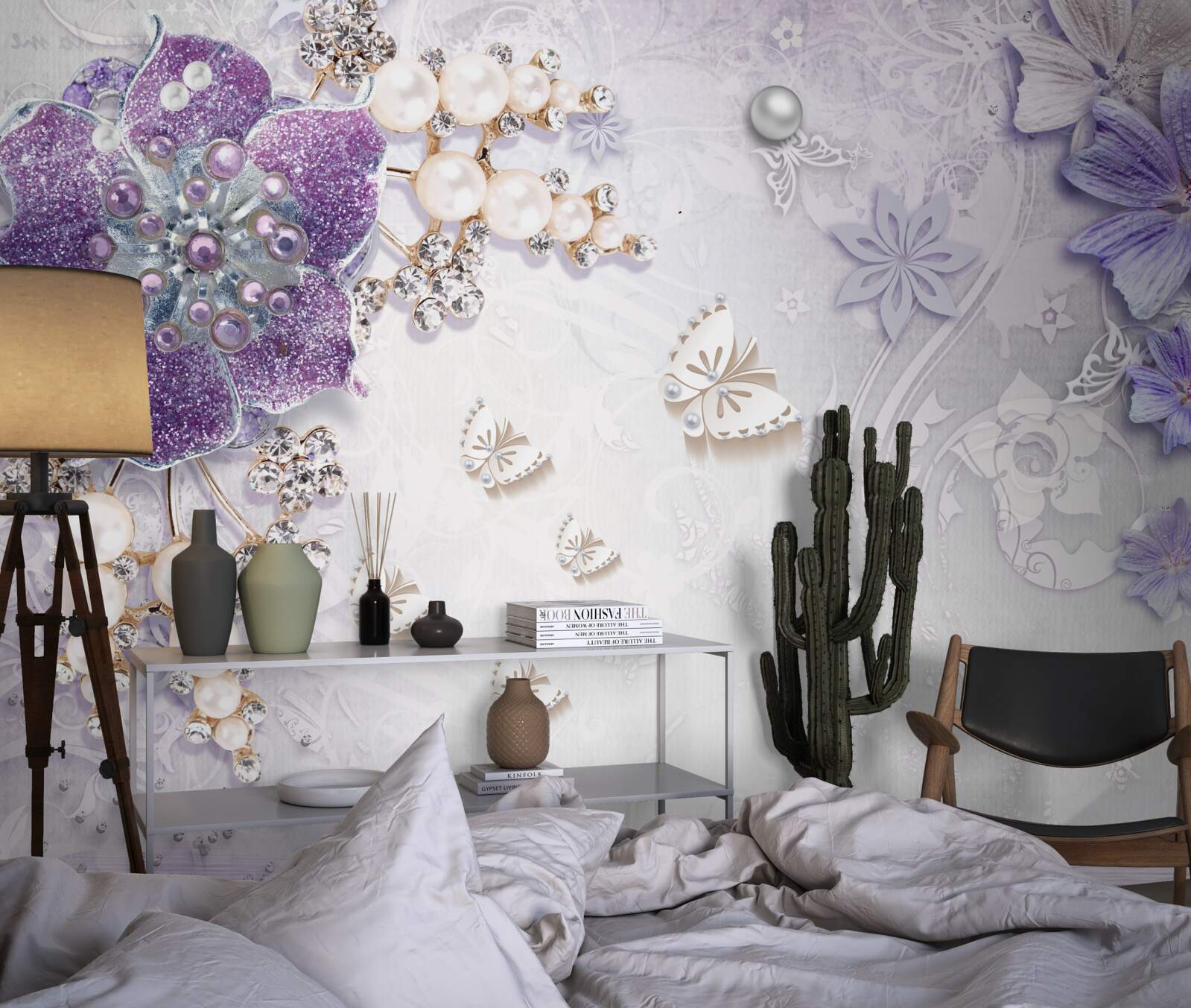 Fototapeten Goldene Orchidee mit lila und perligen Elementen