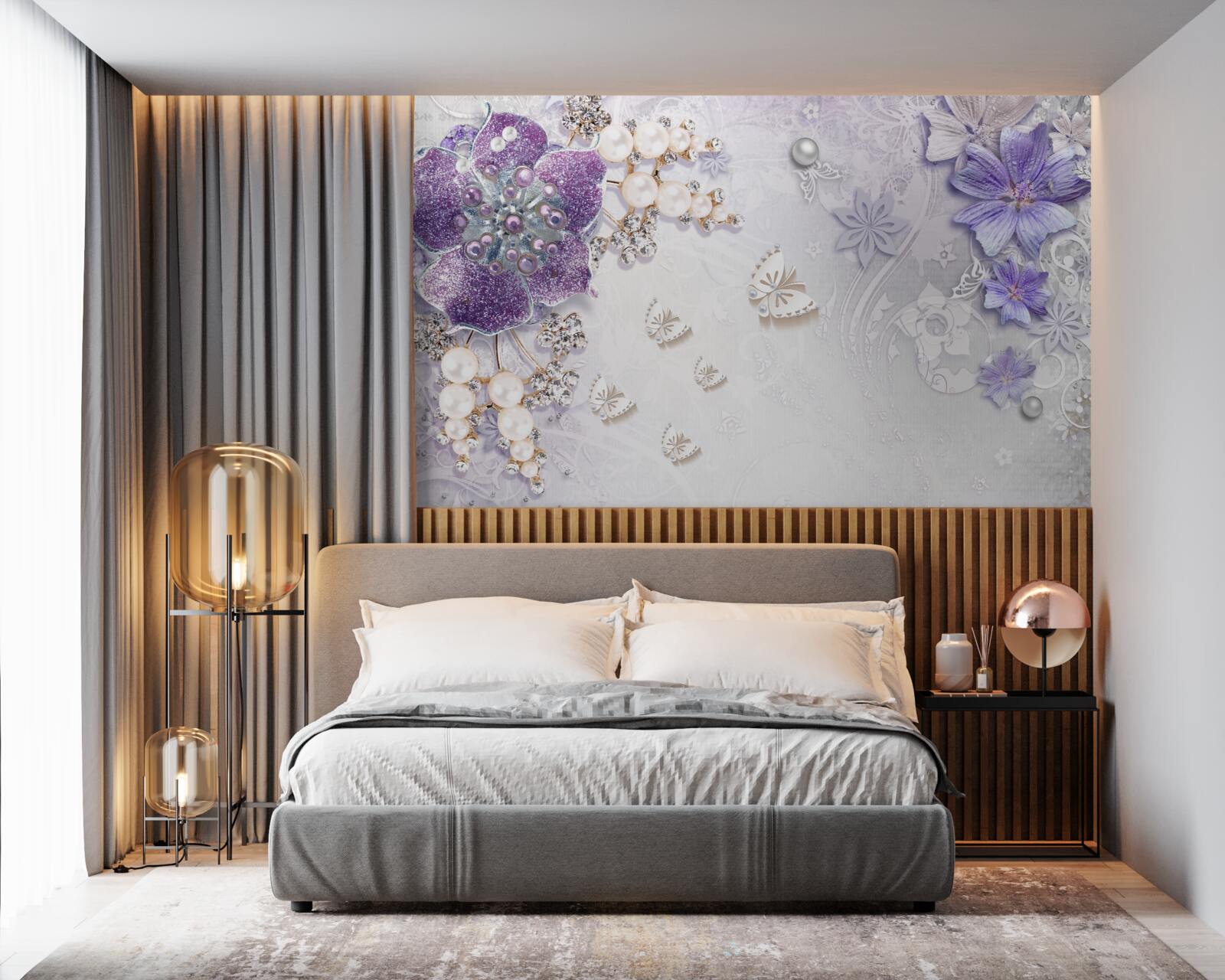 Fototapeten Goldene Orchidee mit lila und perligen Elementen