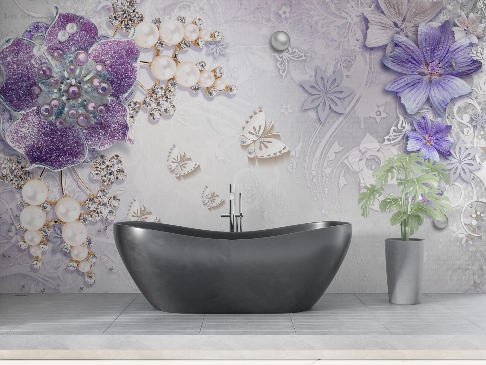 Fototapeten Goldene Orchidee mit lila und perligen Elementen