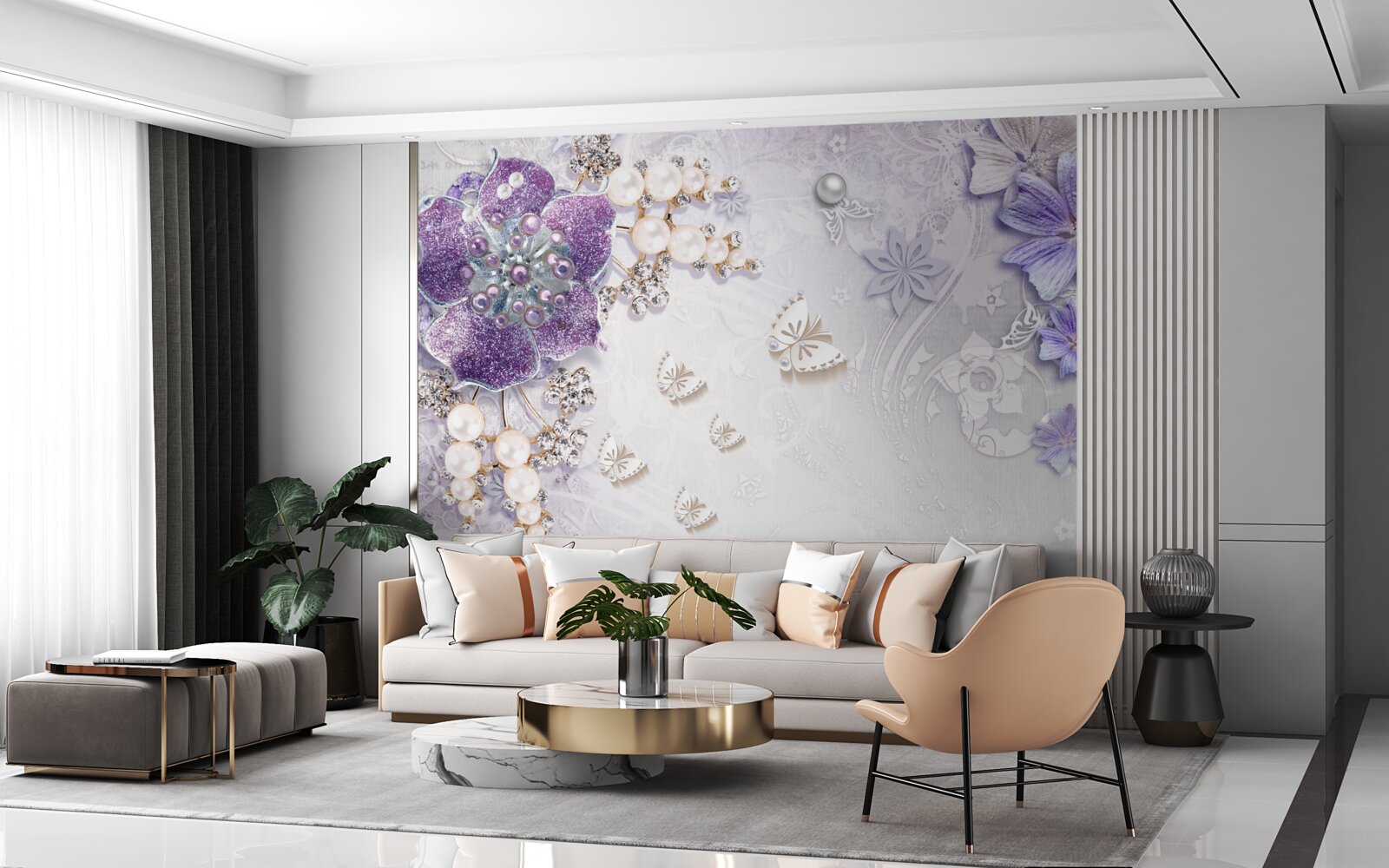 Fototapeten Goldene Orchidee mit lila und perligen Elementen