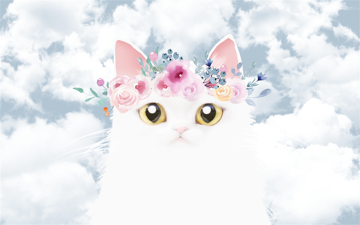 Fototapeten Katze unter Blumen gegen den Himmel mit Wolken