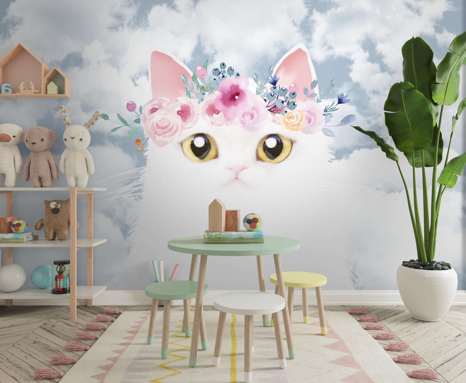 Fototapeten Katze unter Blumen gegen den Himmel mit Wolken