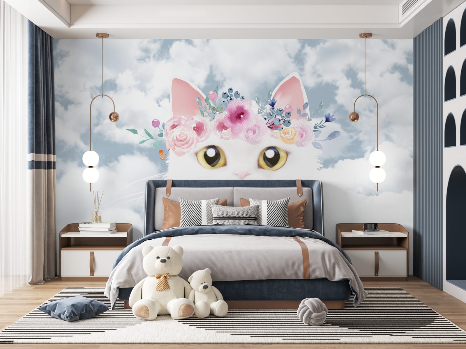 Fototapeten Katze unter Blumen gegen den Himmel mit Wolken