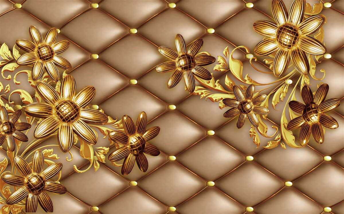 Fototapeten Goldene Blumen auf dem Material