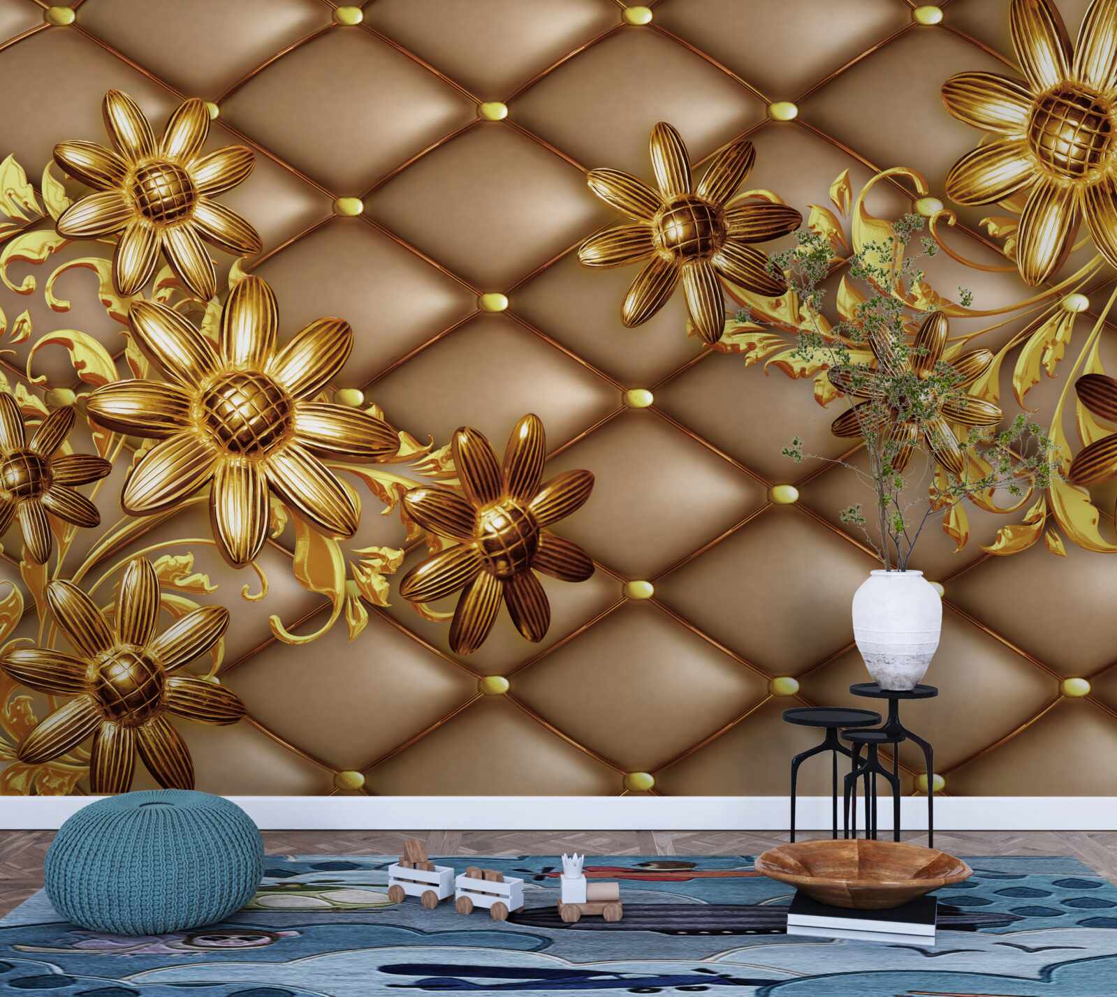 Fototapeten Goldene Blumen auf dem Material