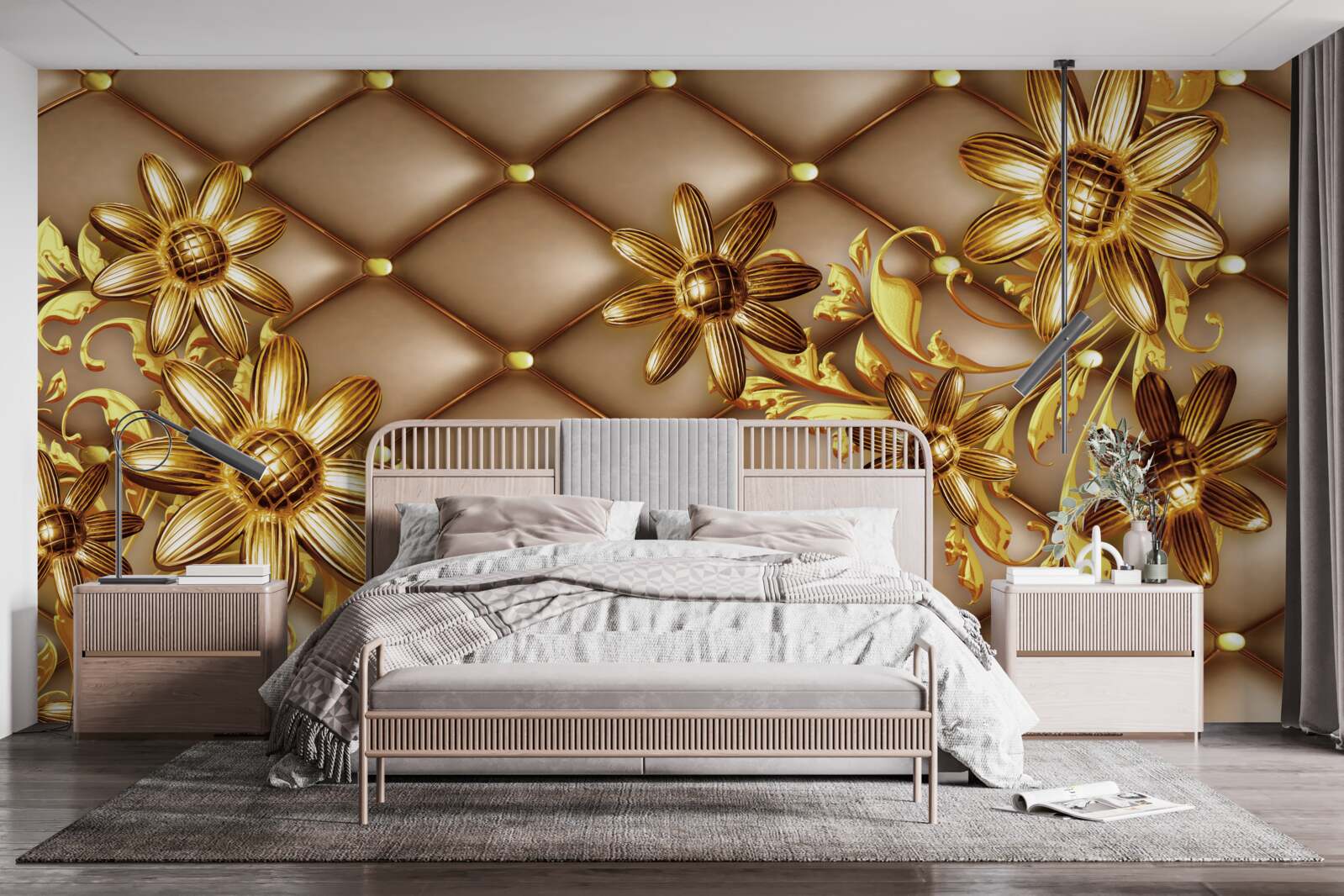 Fototapeten Goldene Blumen auf dem Material
