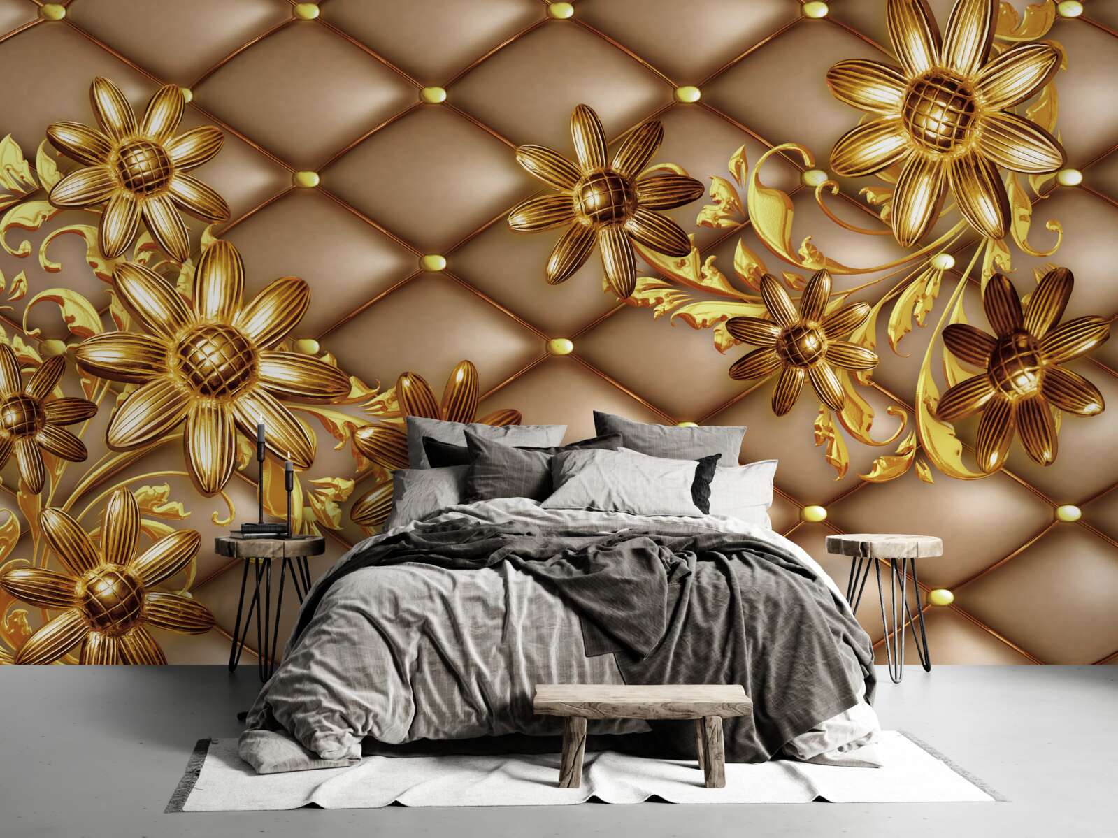 Fototapeten Goldene Blumen auf dem Material
