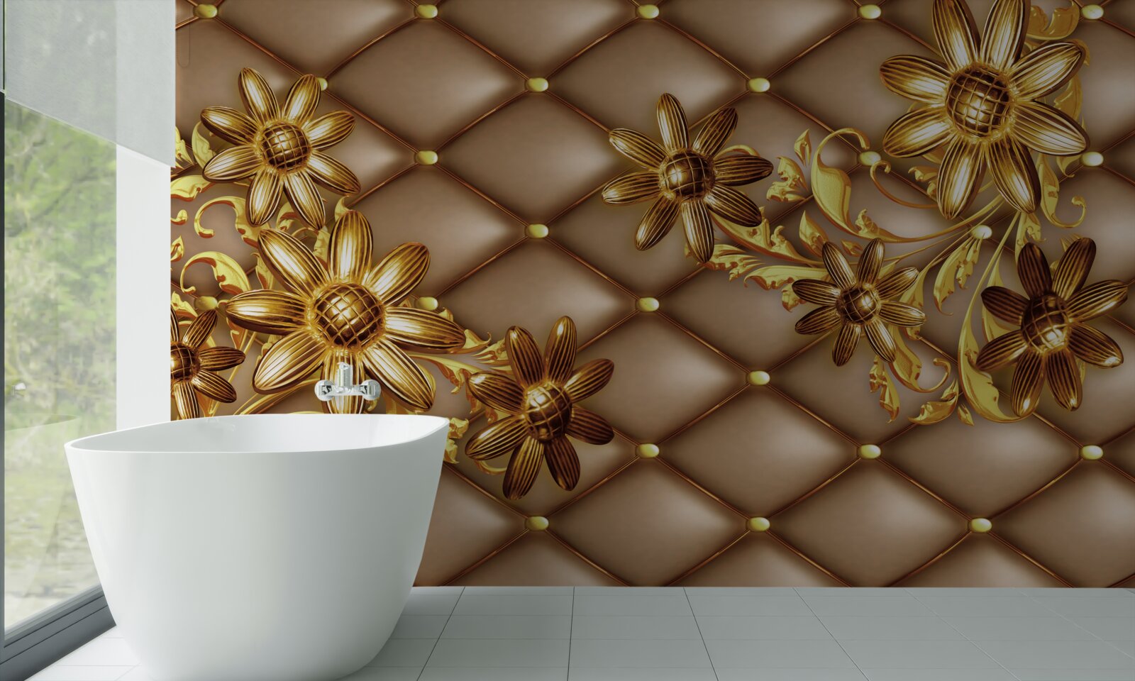 Fototapeten Goldene Blumen auf dem Material