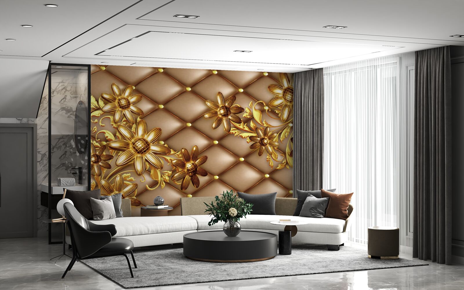 Fototapeten Goldene Blumen auf dem Material