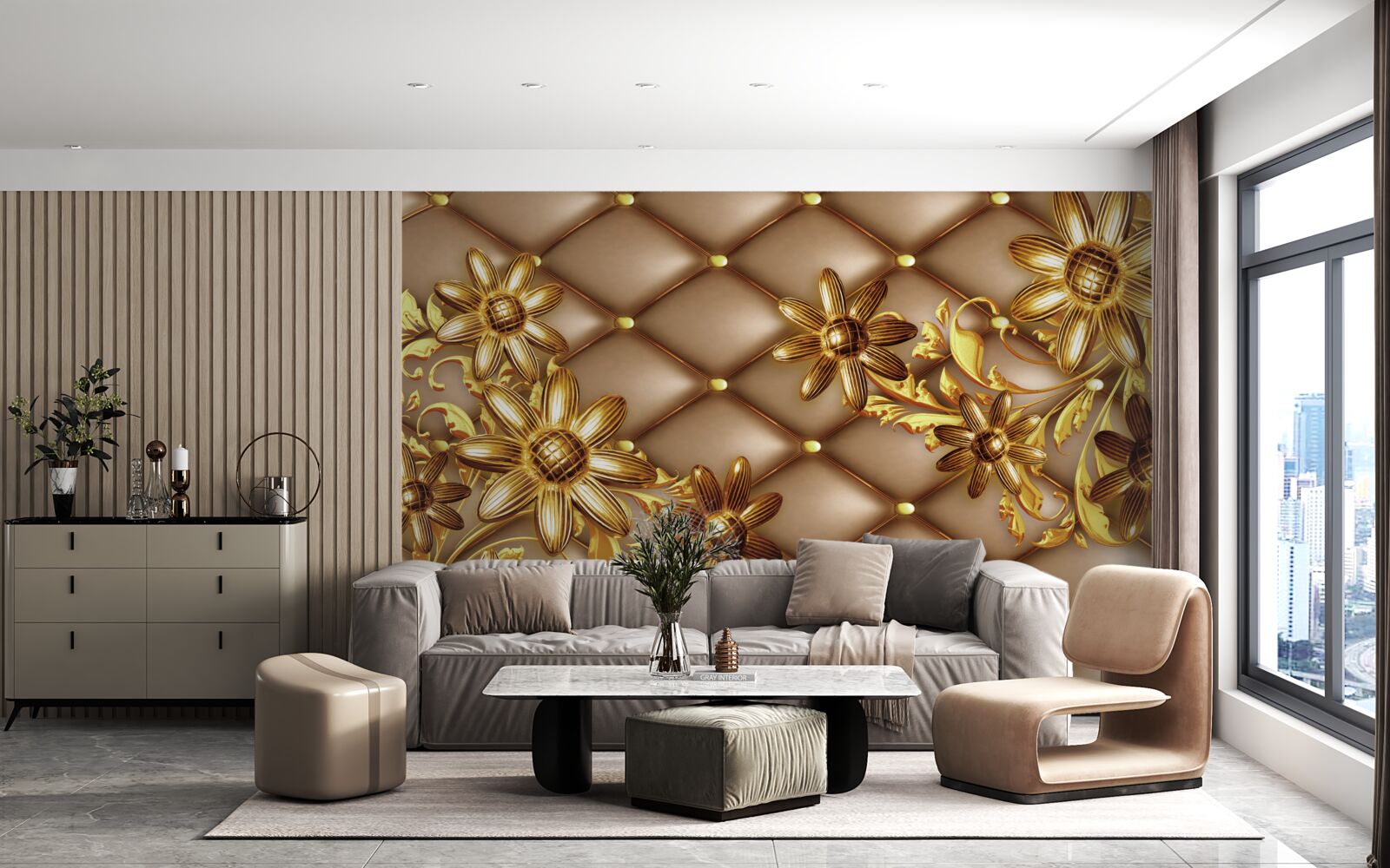 Fototapeten Goldene Blumen auf dem Material