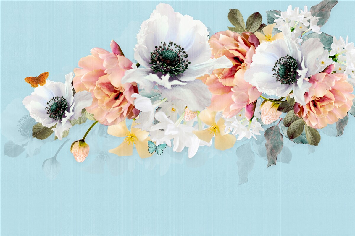 Fototapeten Ein Strauß weißer Mohnblumen und andere Blumen