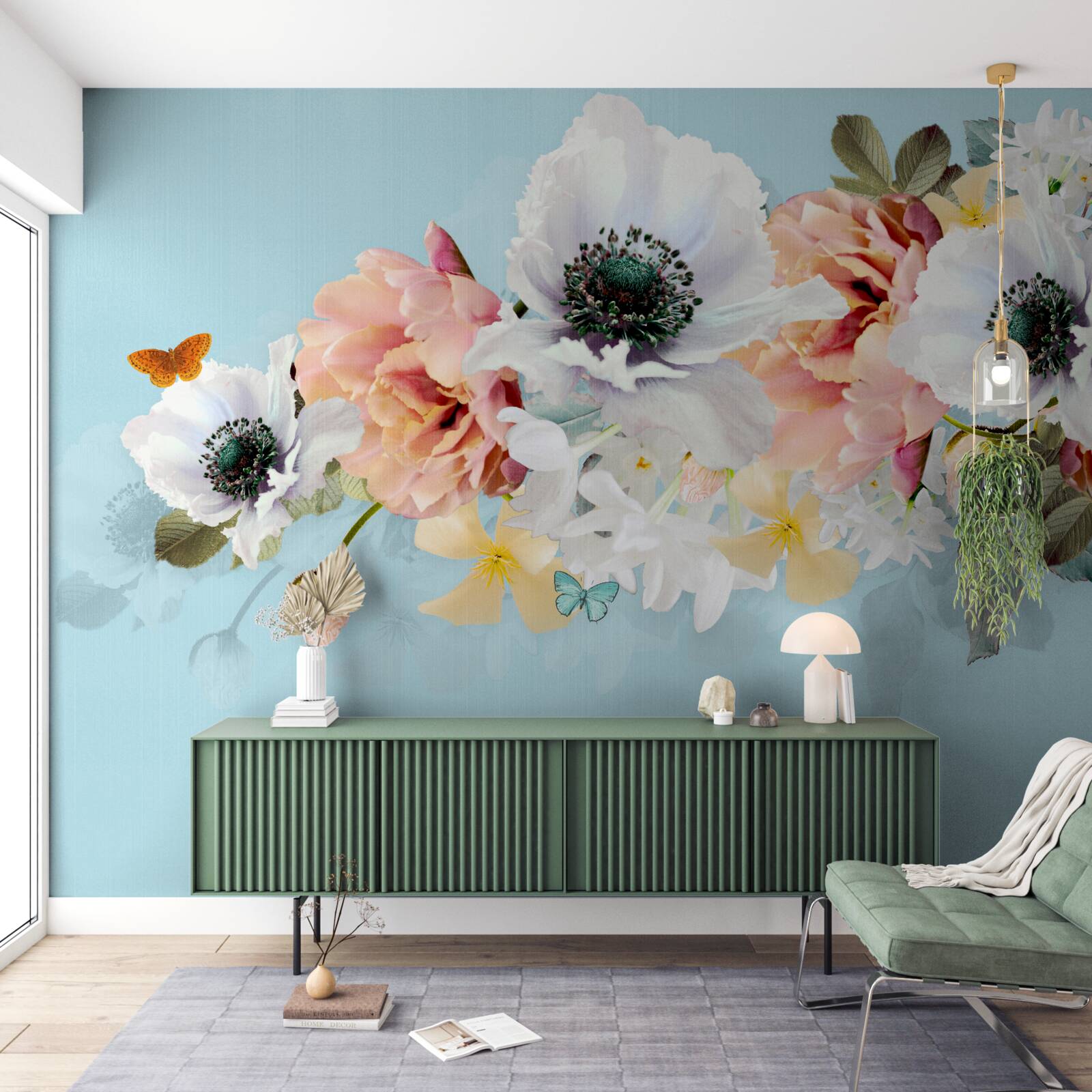Fototapeten Ein Strauß weißer Mohnblumen und andere Blumen