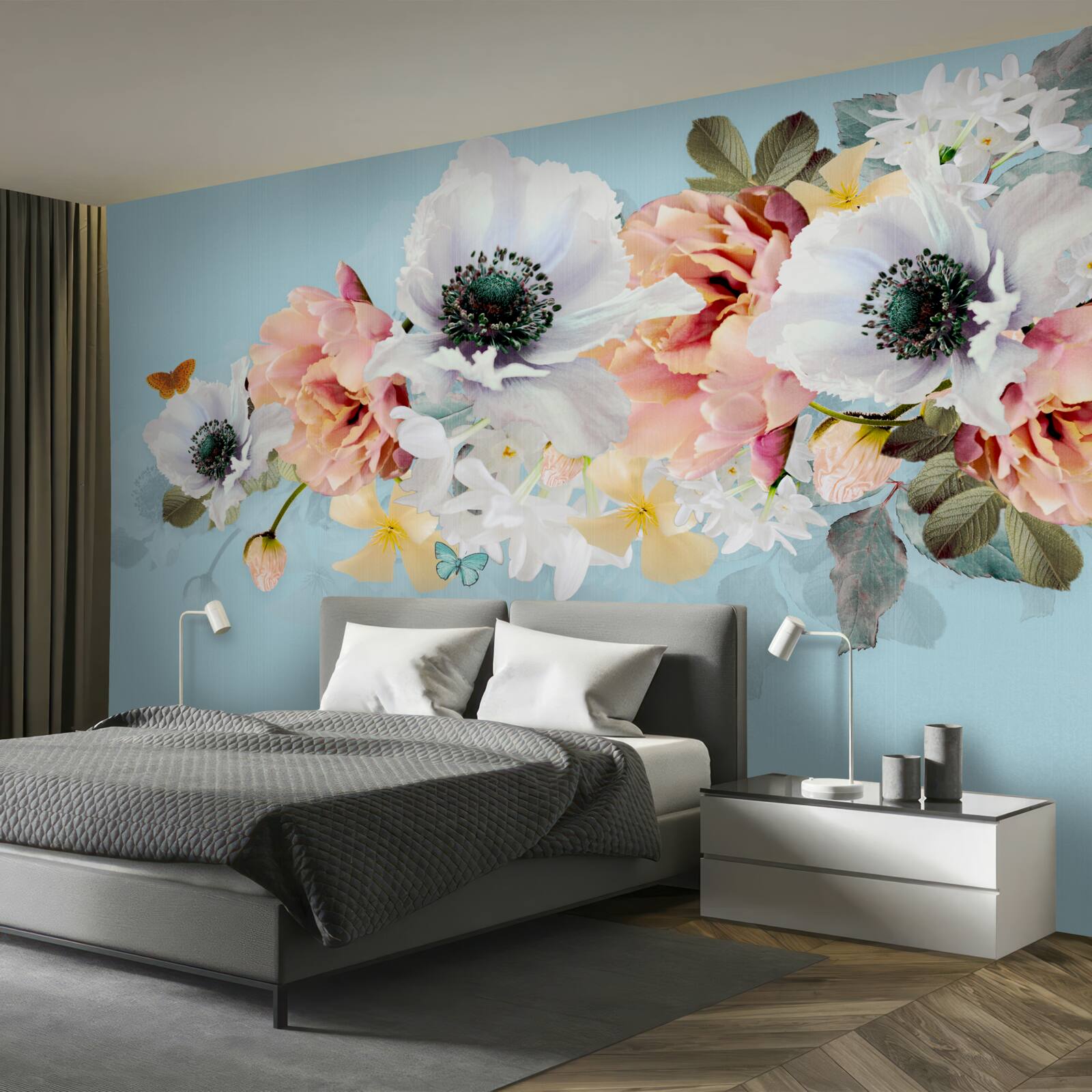 Fototapeten Ein Strauß weißer Mohnblumen und andere Blumen