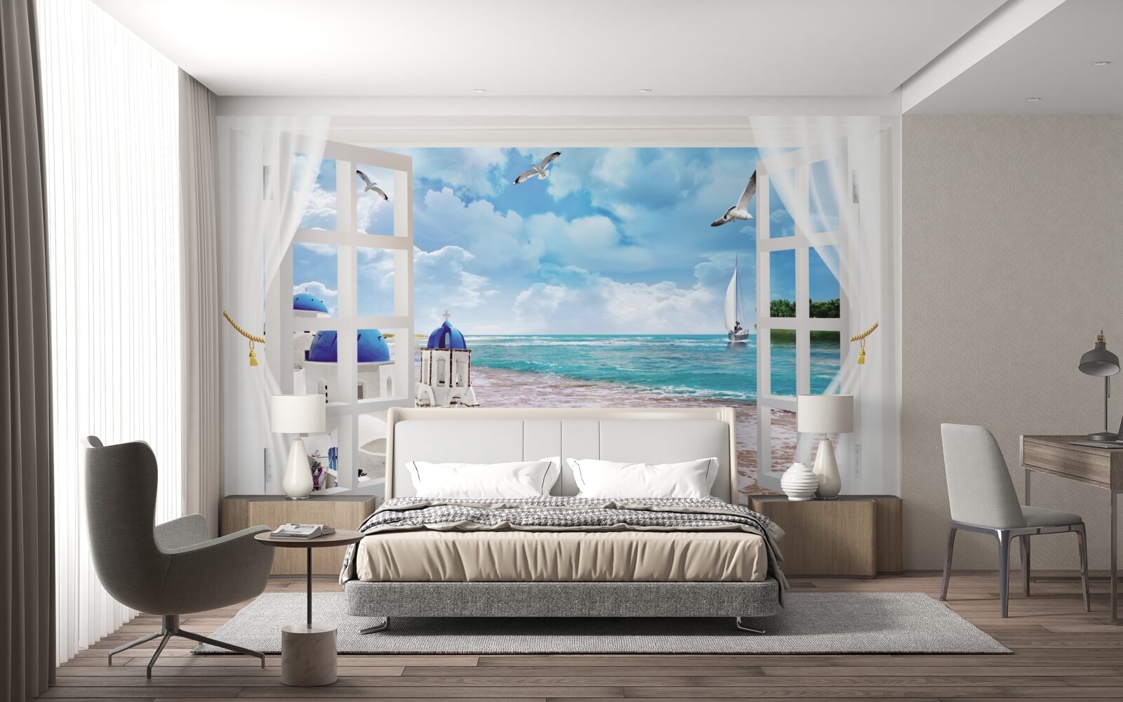 Fototapeten Aus dem Fenster können Sie den Strand in Griechenland sehen