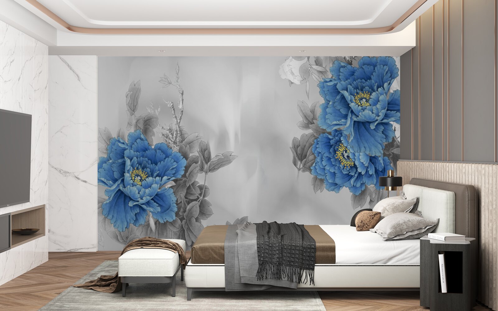 Fototapeten Blaue Blumen auf grauem Hintergrund