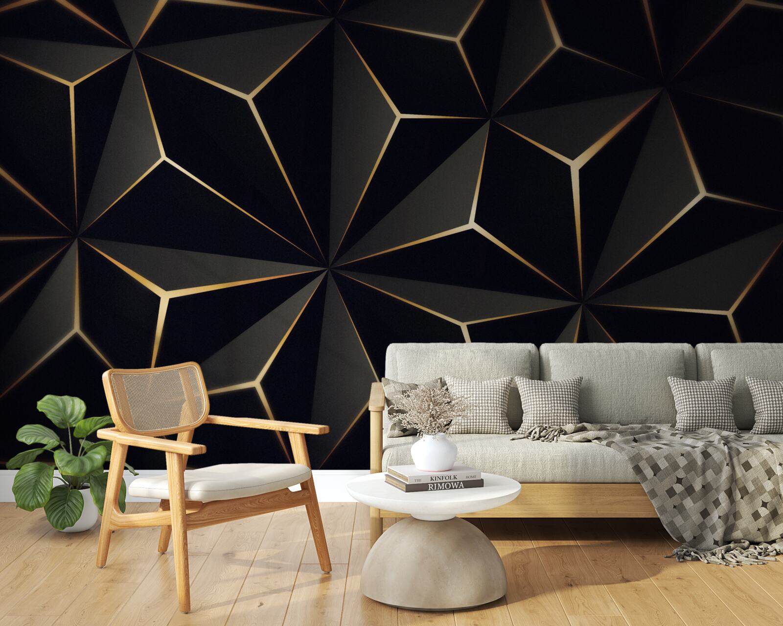 Fototapeten 3D -Pyramiden in Schwarz mit goldenen Elementen