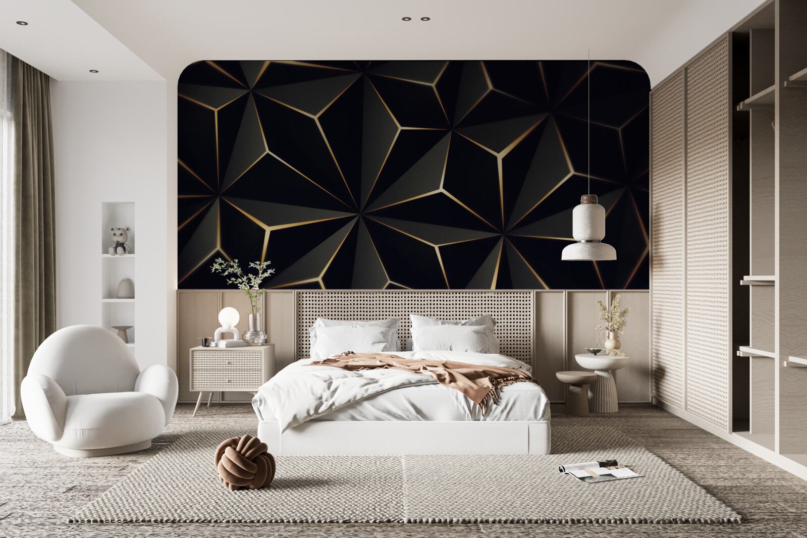 Fototapeten 3D -Pyramiden in Schwarz mit goldenen Elementen