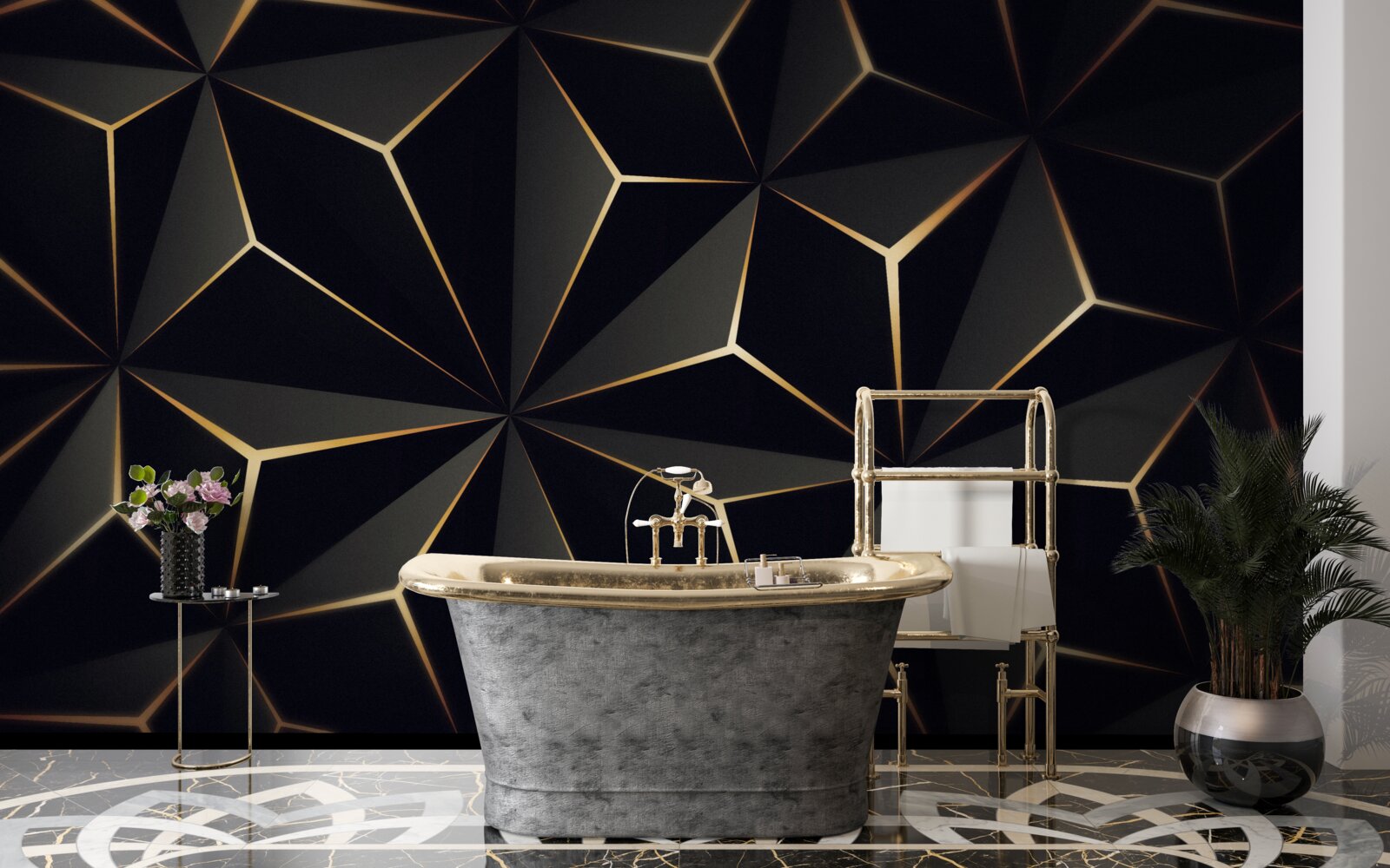 Fototapeten 3D -Pyramiden in Schwarz mit goldenen Elementen