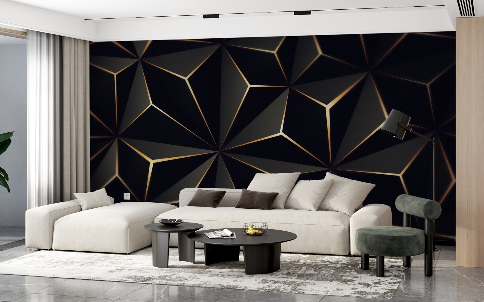 Fototapeten 3D -Pyramiden in Schwarz mit goldenen Elementen