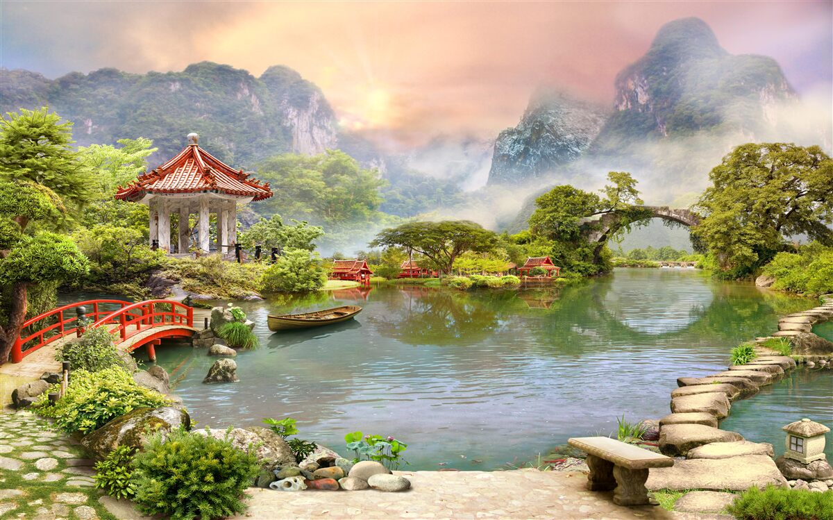 Fototapeten Eine neblige Landschaft des japanischen Gartens