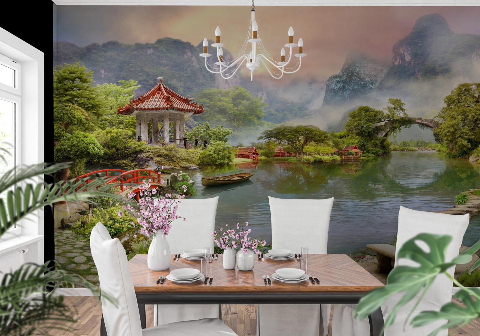 Fototapeten Eine neblige Landschaft des japanischen Gartens