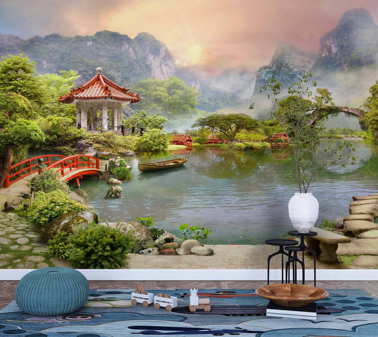 Fototapeten Eine neblige Landschaft des japanischen Gartens