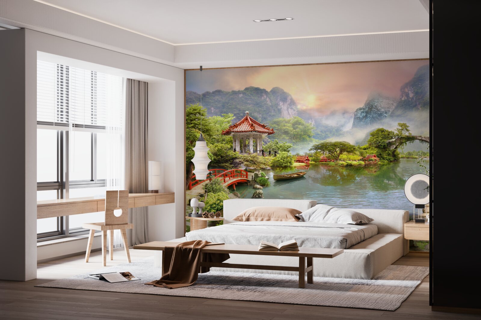 Fototapeten Eine neblige Landschaft des japanischen Gartens