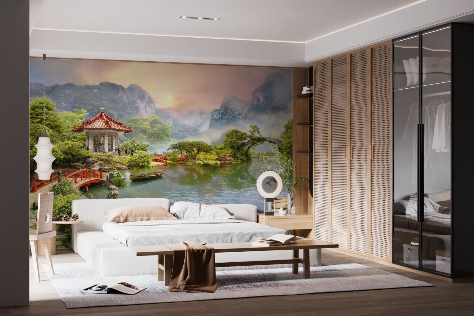 Fototapeten Eine neblige Landschaft des japanischen Gartens
