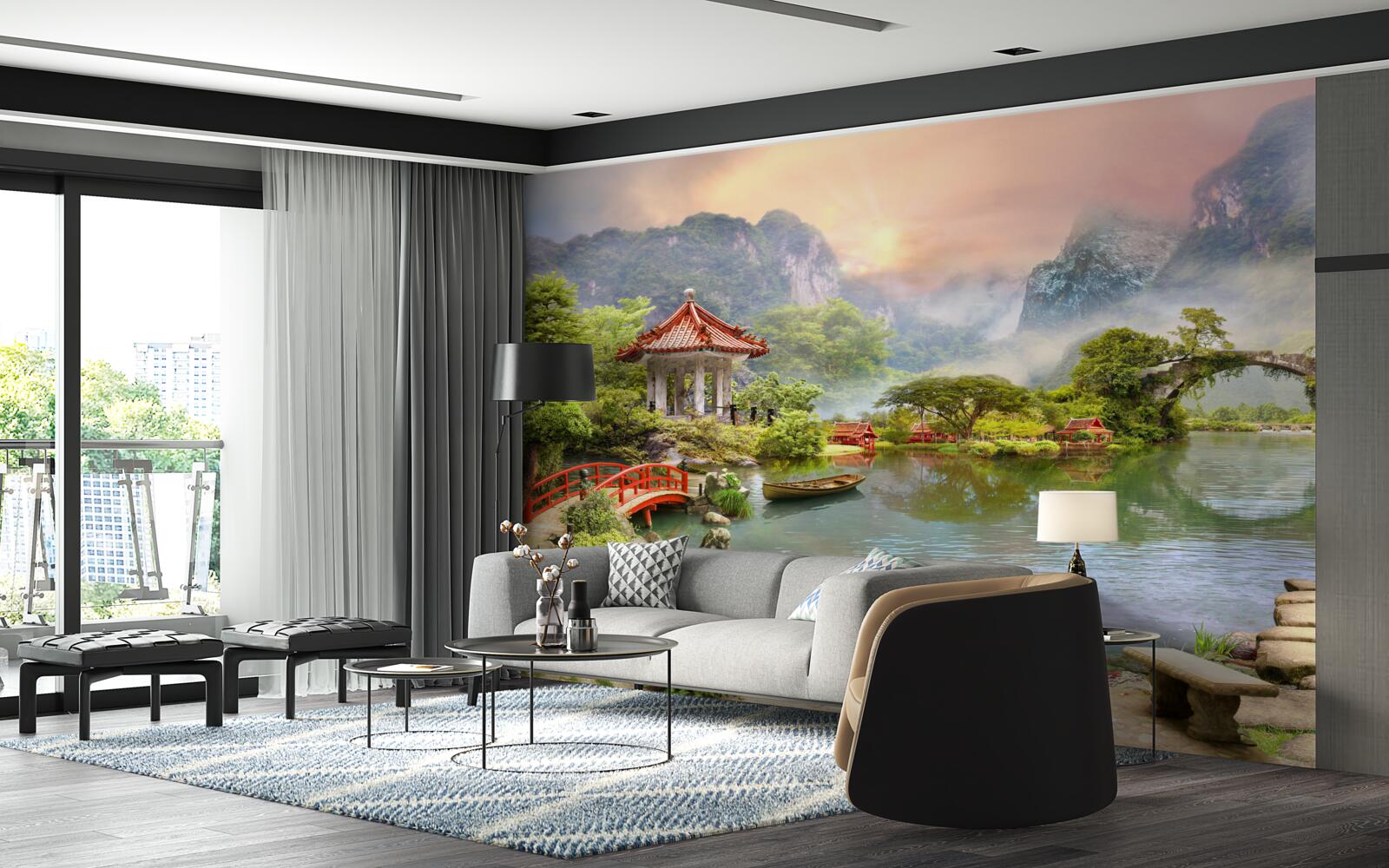Fototapeten Eine neblige Landschaft des japanischen Gartens