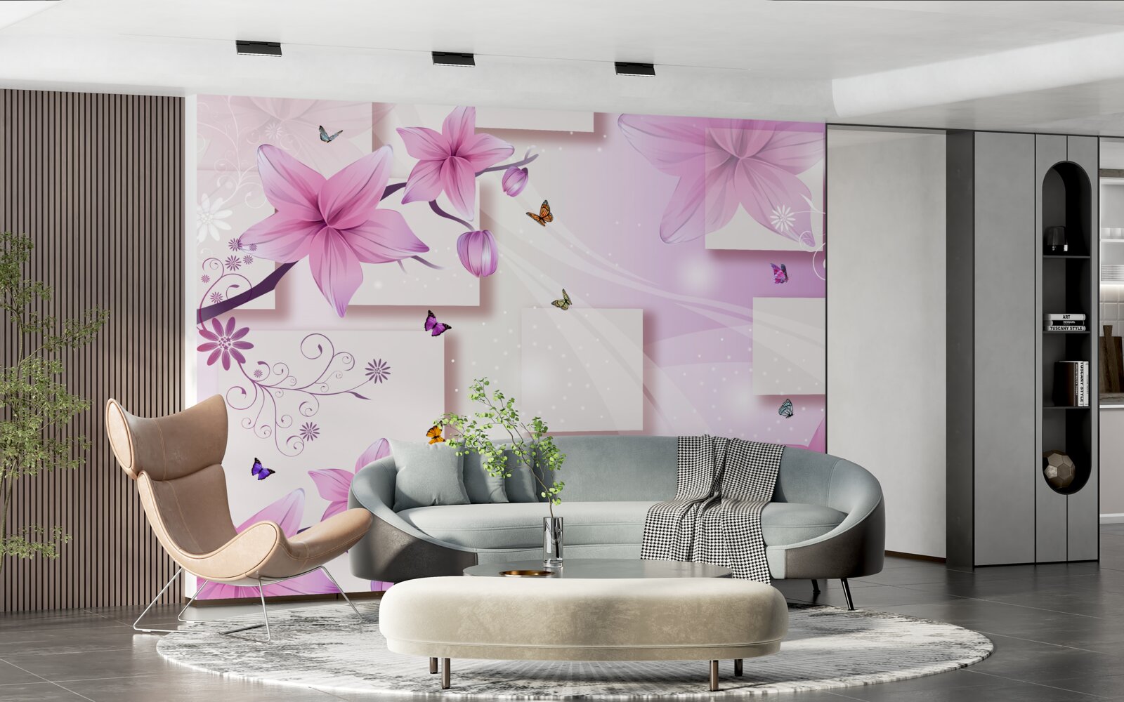 Fototapeten Geometrische Formen mit dunkelvioletten Blüten dekoriert