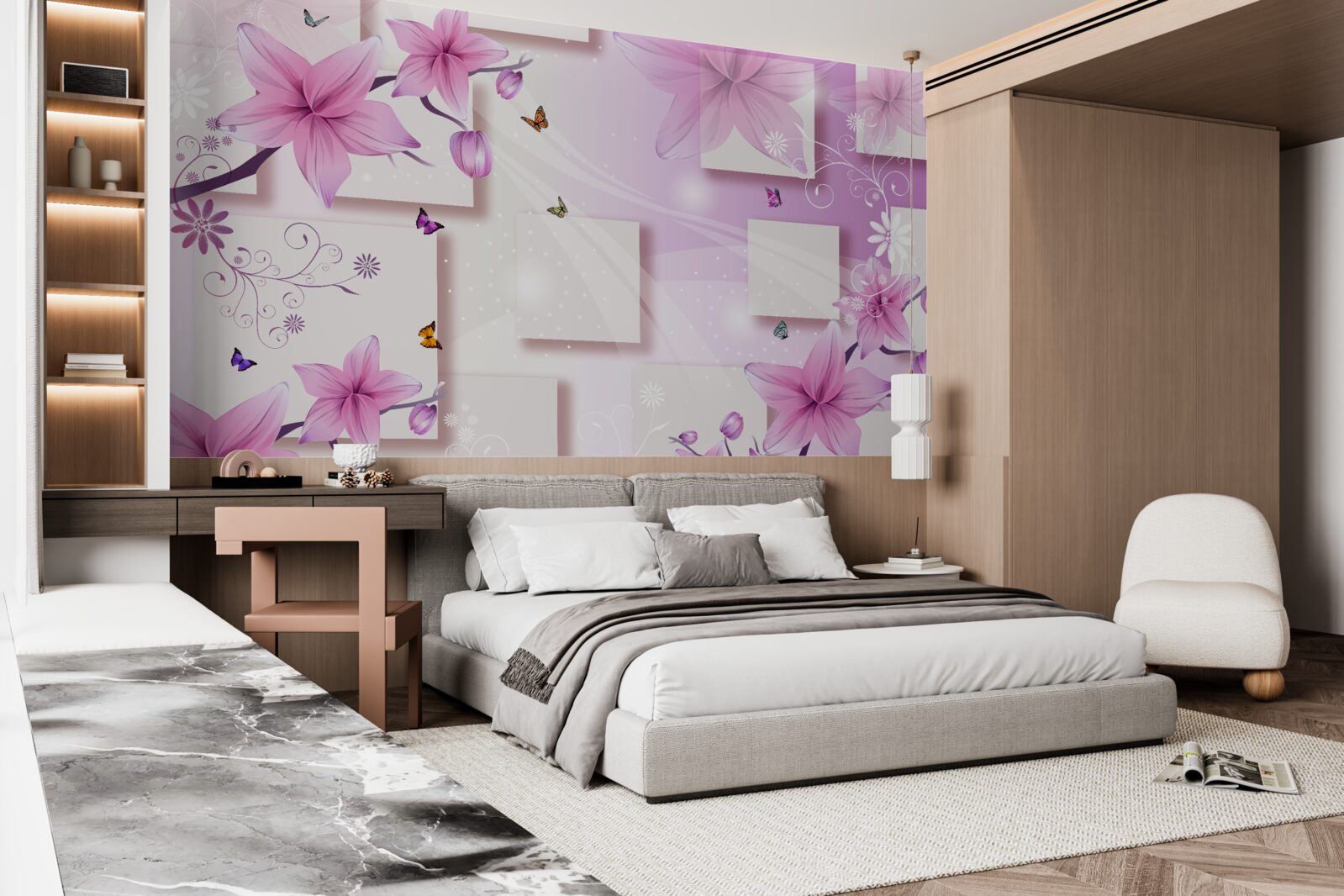 Fototapeten Geometrische Formen mit dunkelvioletten Blüten dekoriert