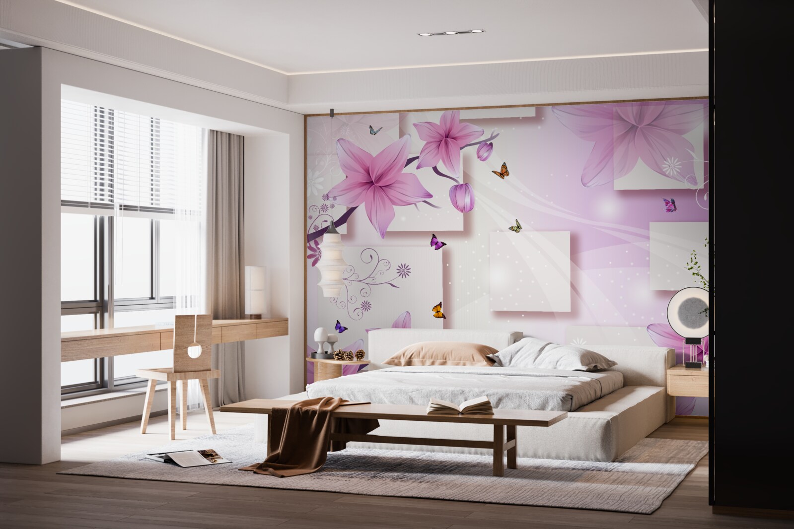 Fototapeten Geometrische Formen mit dunkelvioletten Blüten dekoriert