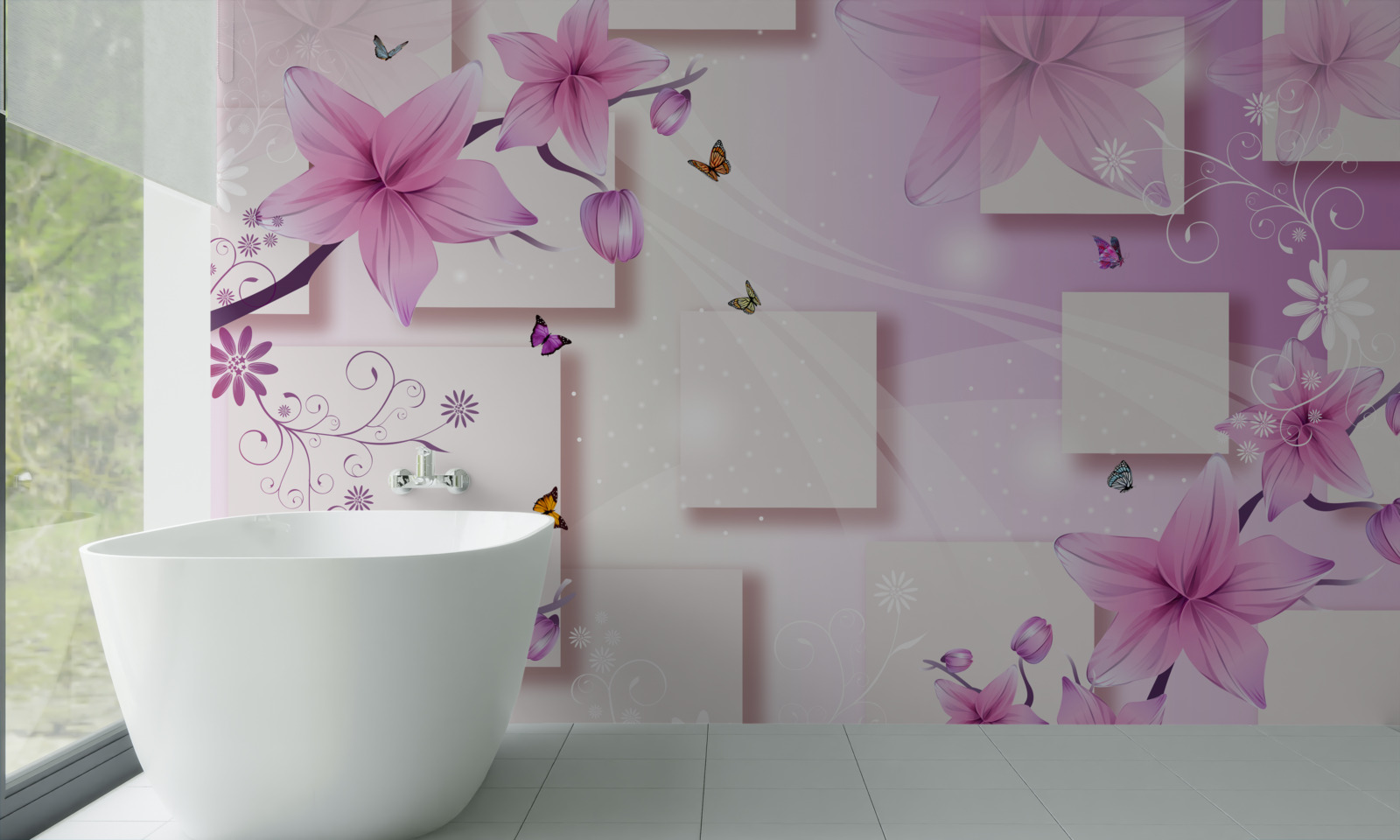 Fototapeten Geometrische Formen mit dunkelvioletten Blüten dekoriert