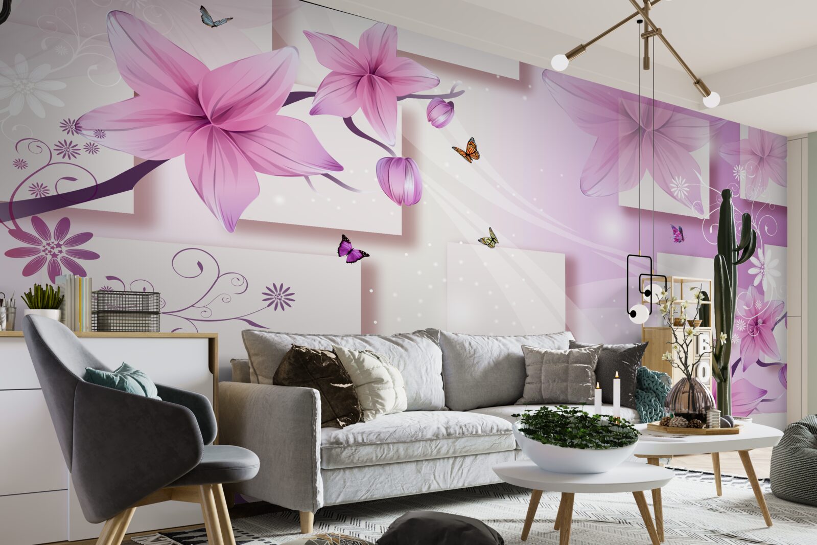 Fototapeten Geometrische Formen mit dunkelvioletten Blüten dekoriert