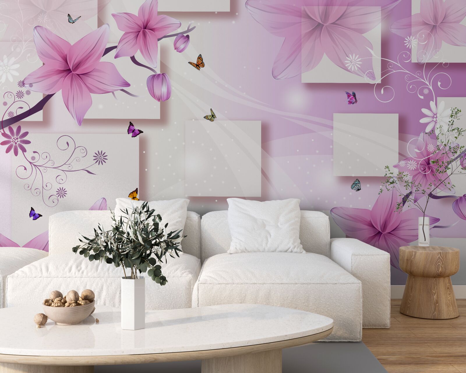 Fototapeten Geometrische Formen mit dunkelvioletten Blüten dekoriert